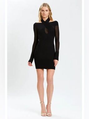 Herve Leger Draped Halter Neck Mini Dress Bodycon Black Ribbed